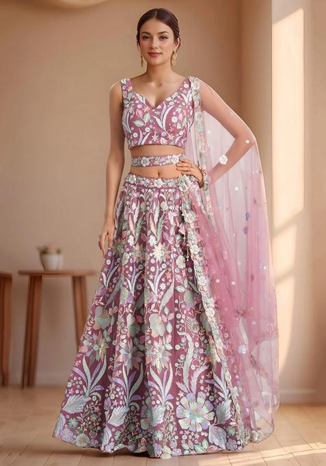 Pink Embroidery Net Lehenga Set