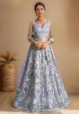 Purple Embroidery Net Lehenga Set