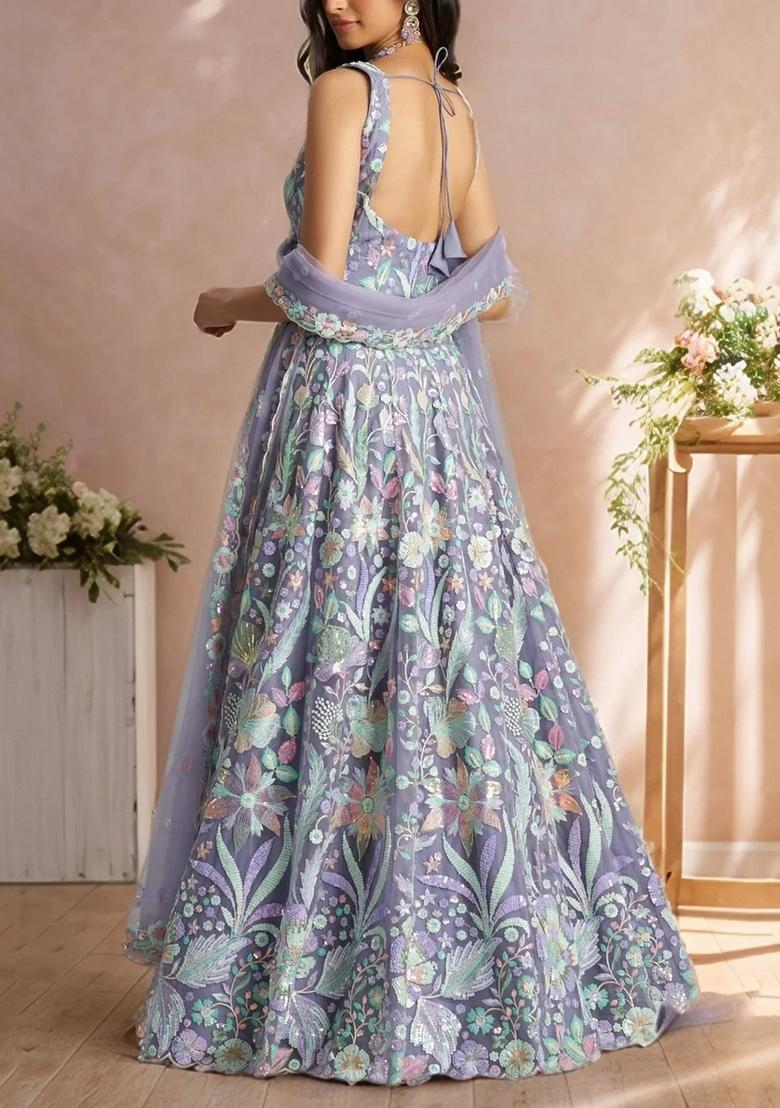Purple Embroidery Net Lehenga Set - Indya