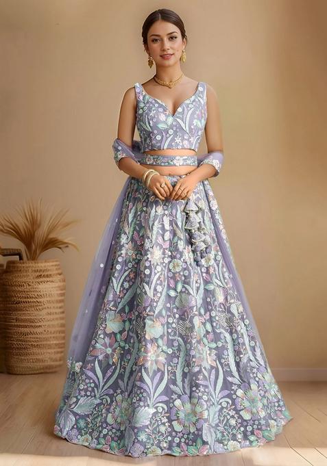 Purple Embroidery Net Lehenga Set