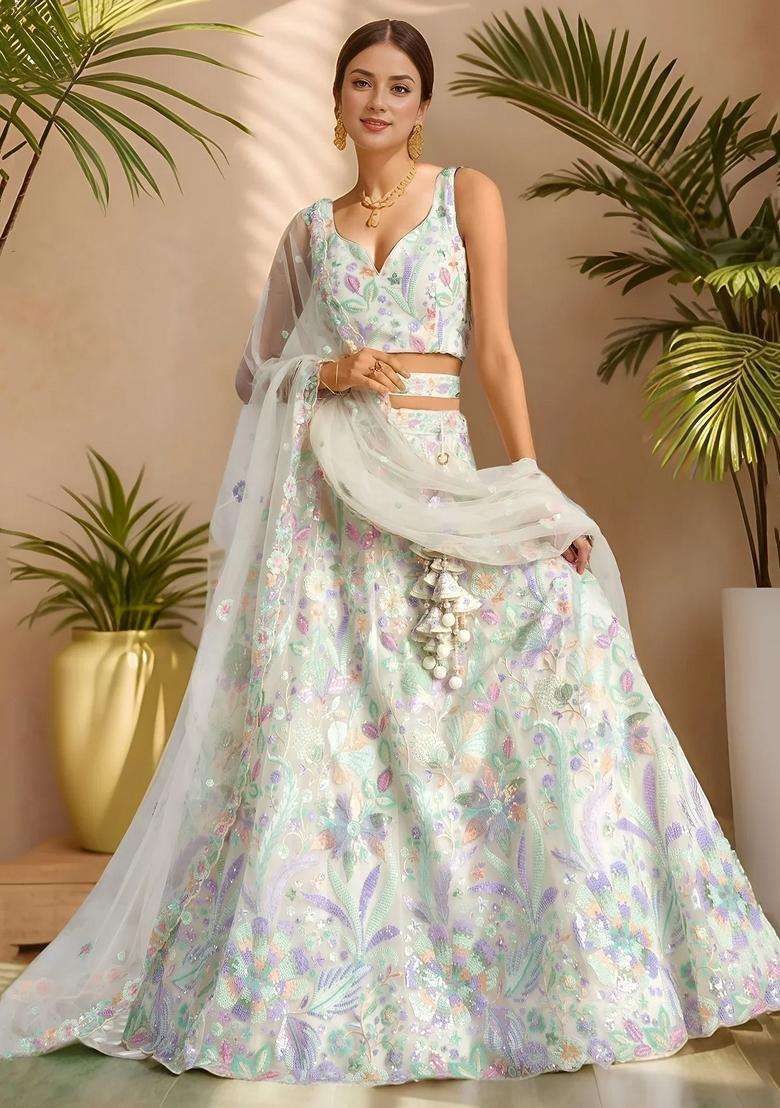 White Embroidery Net Lehenga Set - Indya