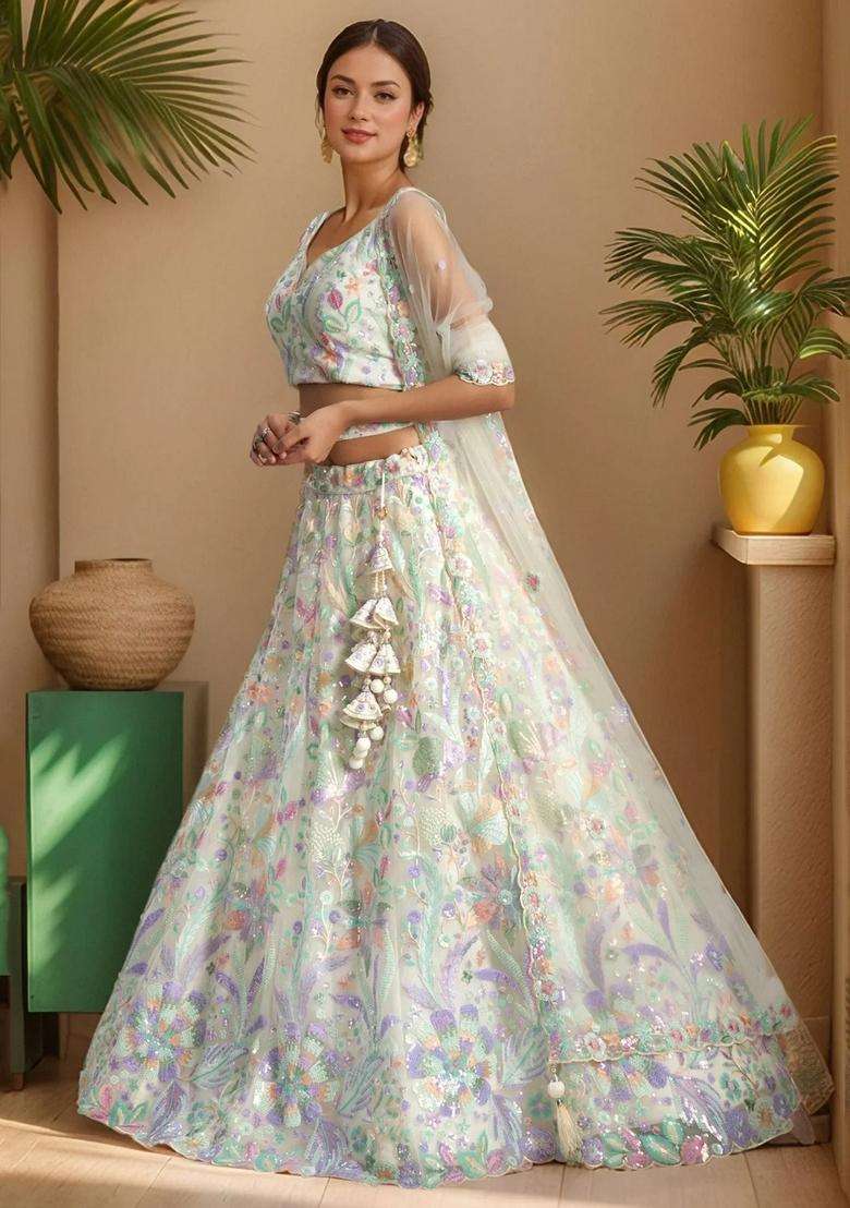 White Embroidery Net Lehenga Set - Indya