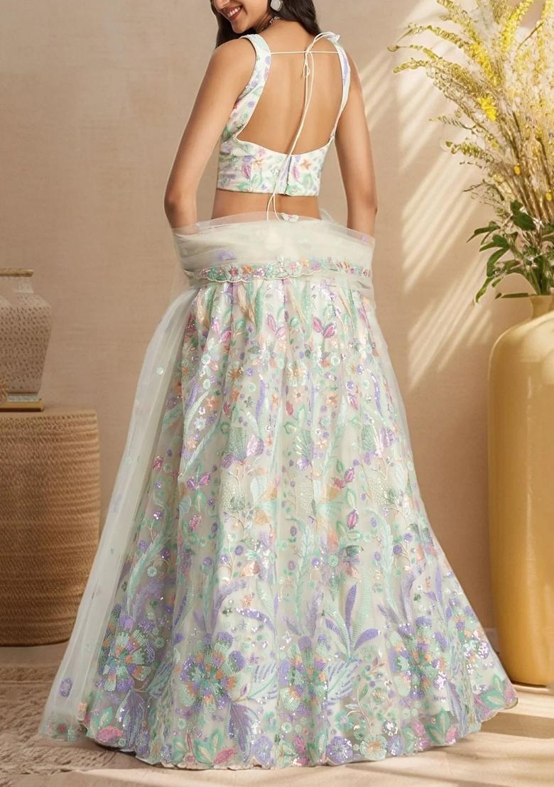 White Embroidery Net Lehenga Set - Indya
