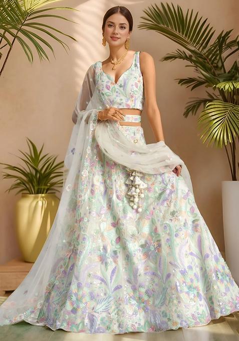 White Embroidery Net Lehenga Set