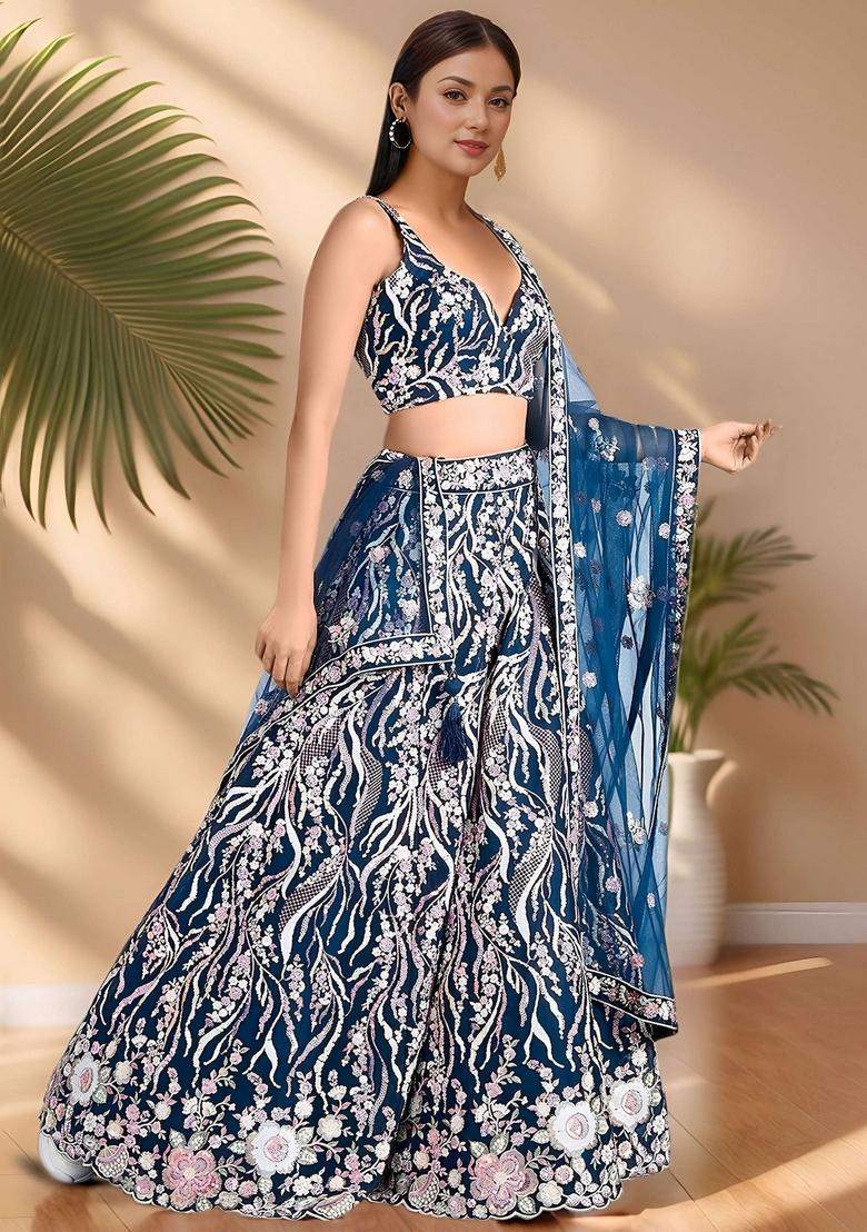 Blue Embroidery Net Lehenga Set - Indya