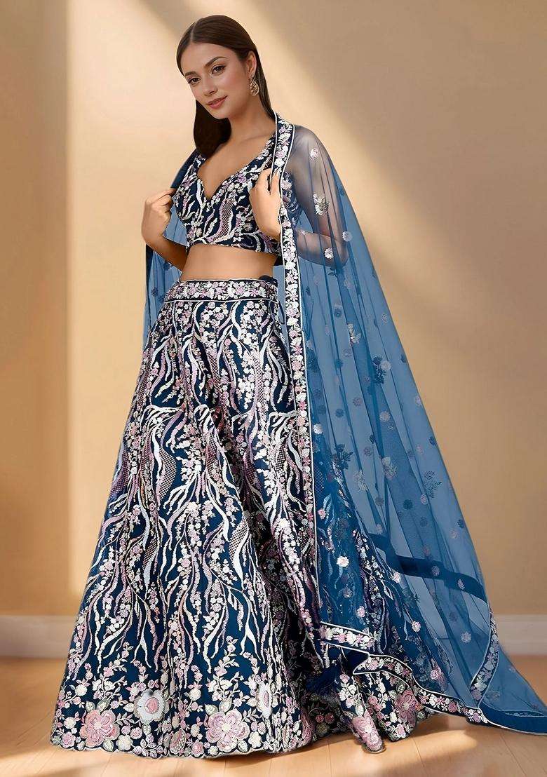 Blue Embroidery Net Lehenga Set - Indya