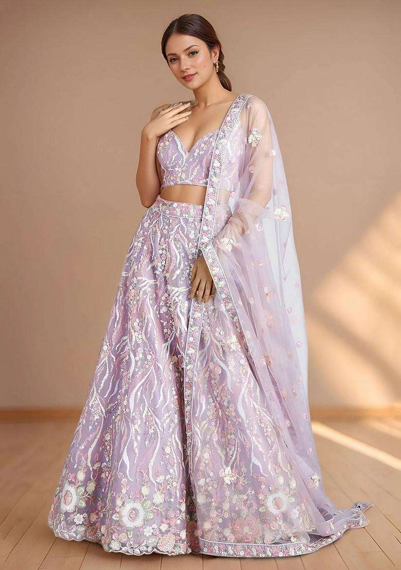 Lavender Embroidery Net Lehenga Set - Indya