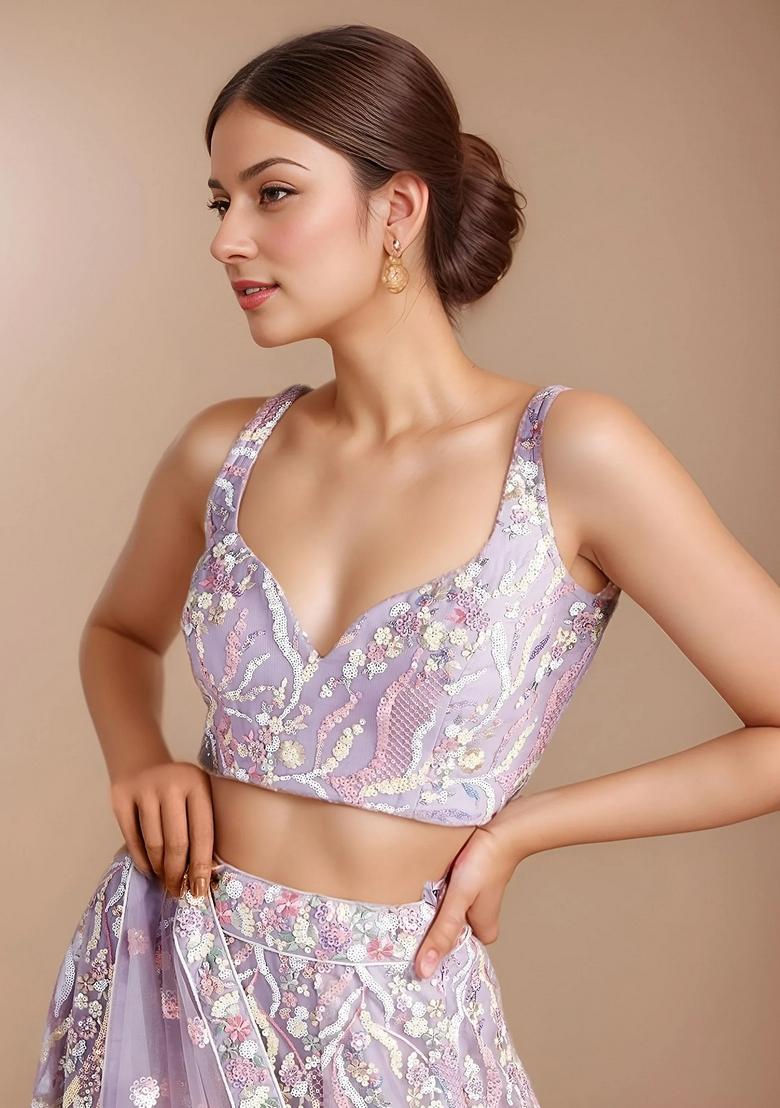 Lavender Embroidery Net Lehenga Set - Indya