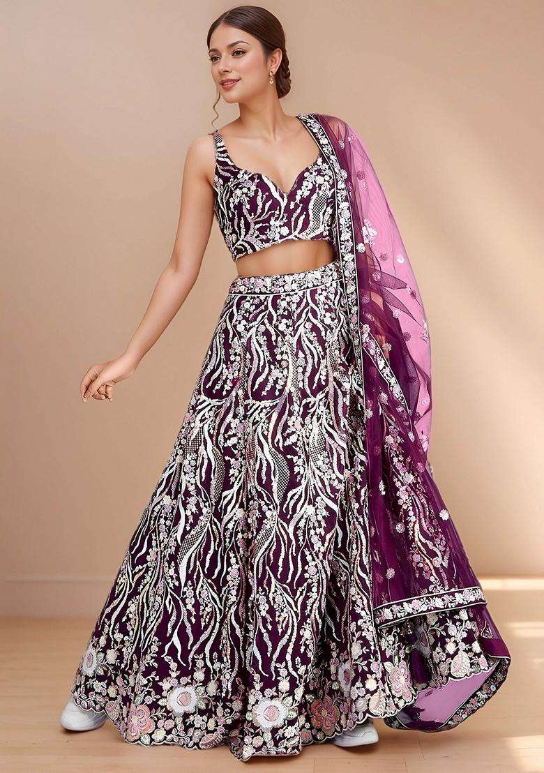 Purple Embroidery Net Lehenga Set - Indya