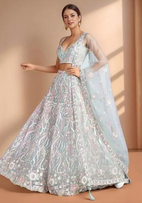 Sky Blue Embroidery Net Lehenga Set