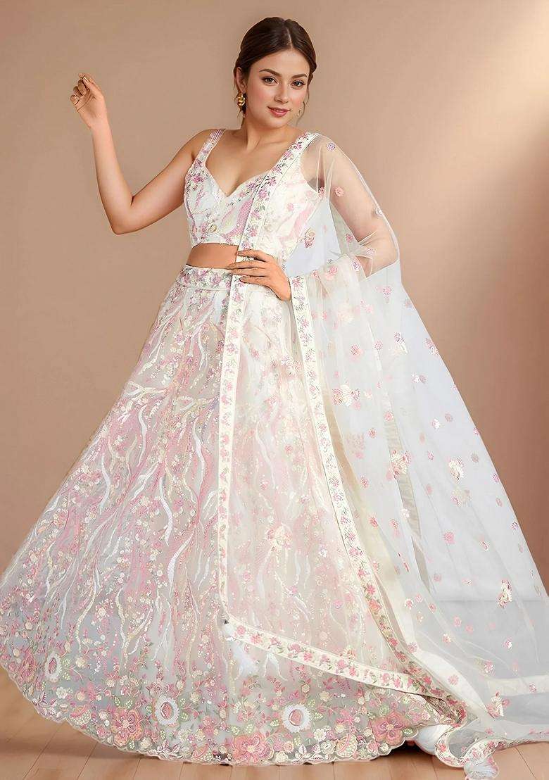 White Embroidery Net Lehenga Set - Indya