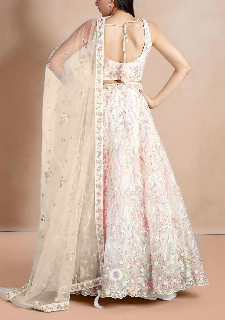White Embroidery Net Lehenga Set - Indya