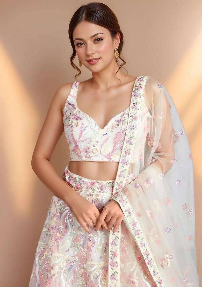 White Embroidery Net Lehenga Set - Indya