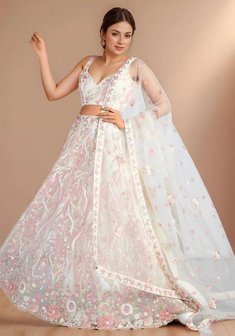 White Embroidery Net Lehenga Set