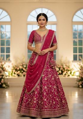 Pink Embroidery Silk Lehenga Set
