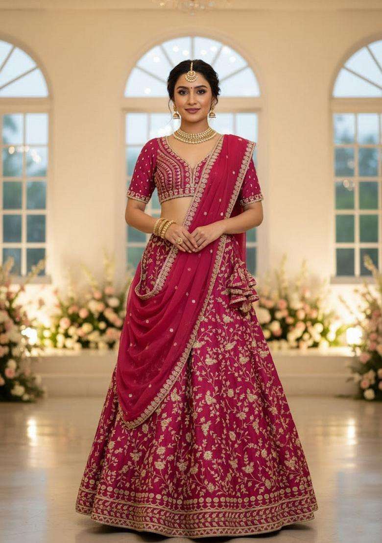 Pink Silk Blend Lehenga Set with Embroidery for Diwali | Wedding & Festive Wear - Indya