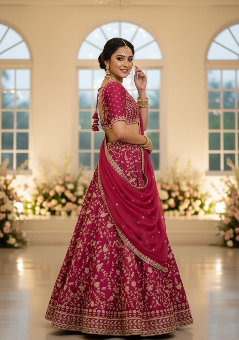 Pink Embroidery Silk Lehenga Set - Indya