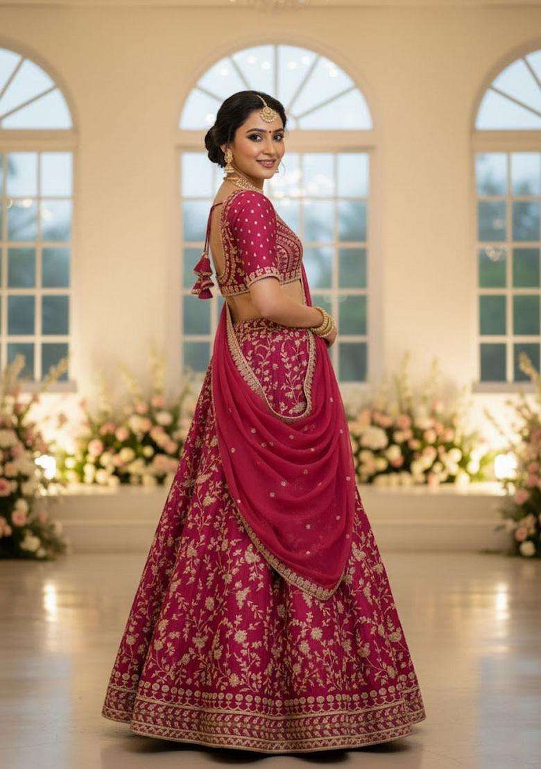 Pink Silk Blend Lehenga Set with Embroidery for Diwali | Wedding & Festive Wear - Indya
