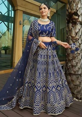 Blue Embroidery Silk Lehenga Set