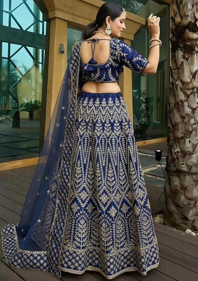 Blue Embroidery Silk Lehenga Set - Indya