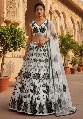 Black And Off White Embroidery Georgette Lehenga Set