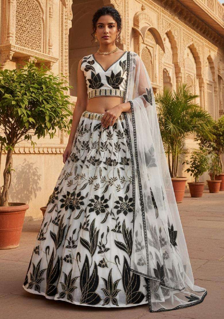 Black And Off White Embroidery Georgette Lehenga Set for Diwali and Festive Wear - Indya