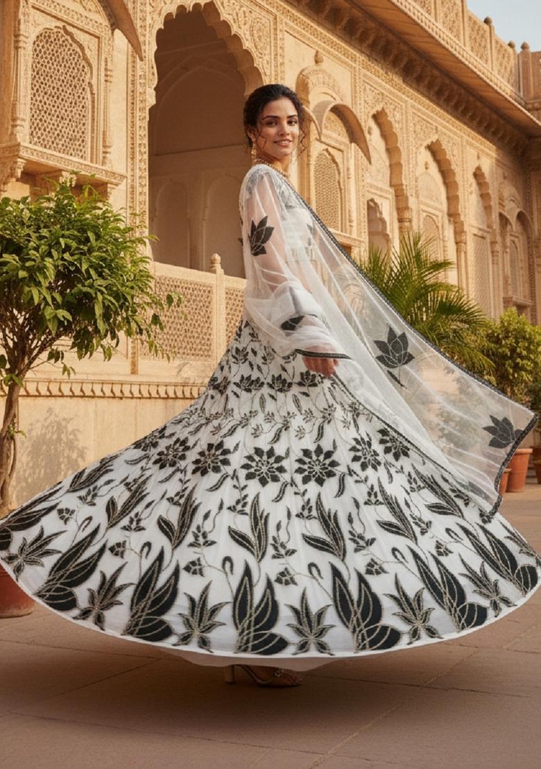 Black And Off White Embroidery Georgette Lehenga Set - Indya