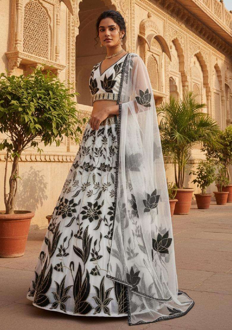 Black And Off White Embroidery Georgette Lehenga Set for Diwali and Festive Wear - Indya