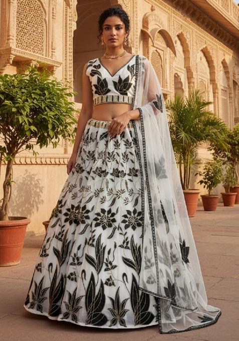 Black And Off White Embroidery Georgette Lehenga Set