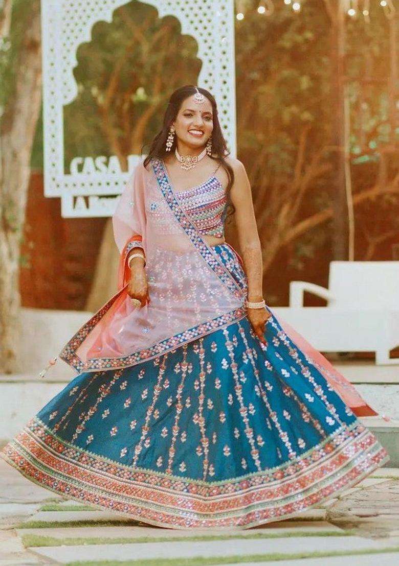 Blue Chinon Lehenga Set with Embroidery for Diwali | Wedding & Festive Wear - Indya