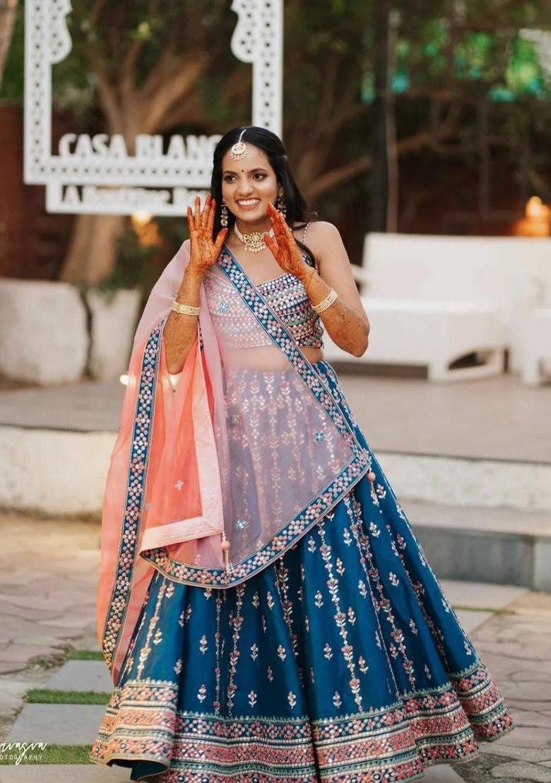 Blue Embroidery Chinon Lehenga Set - Indya