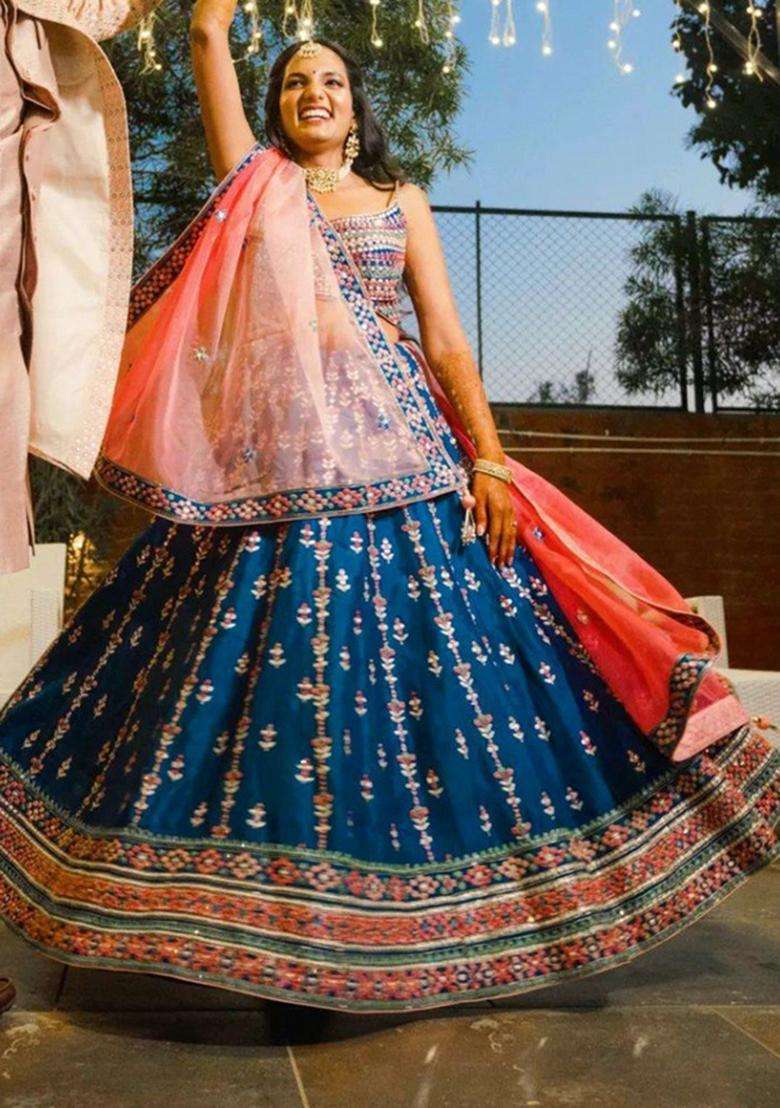 Blue Chinon Lehenga Set with Embroidery for Diwali | Wedding & Festive Wear - Indya