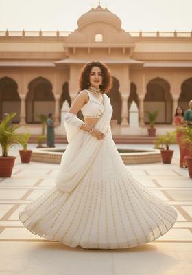 Off White Embroidery Georgette Lehenga Set