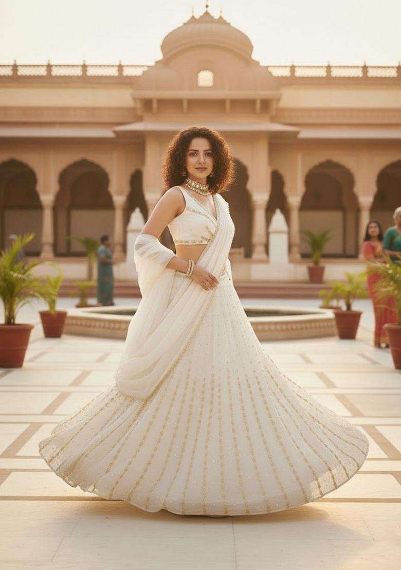Off White Embroidery Georgette Lehenga Set for Diwali and Festive Wear - Indya