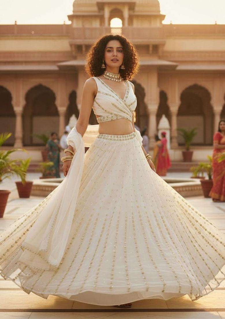 Off White Embroidery Georgette Lehenga Set for Diwali and Festive Wear - Indya