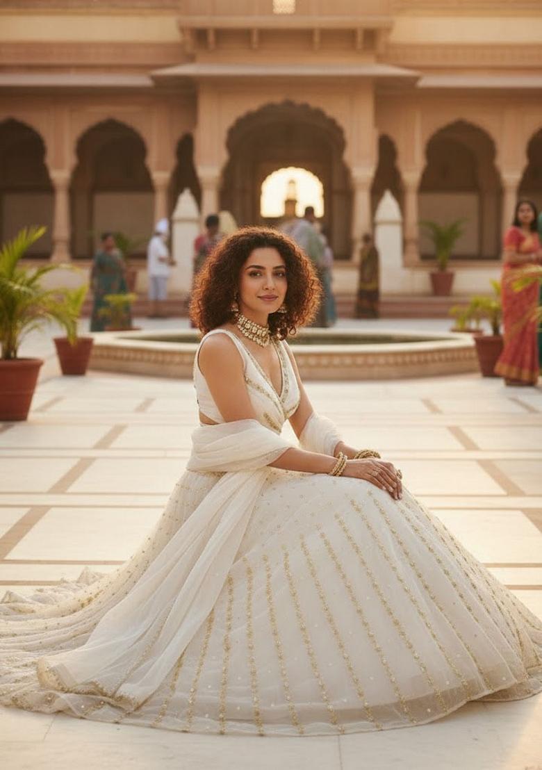 Off White Embroidery Georgette Lehenga Set - Indya