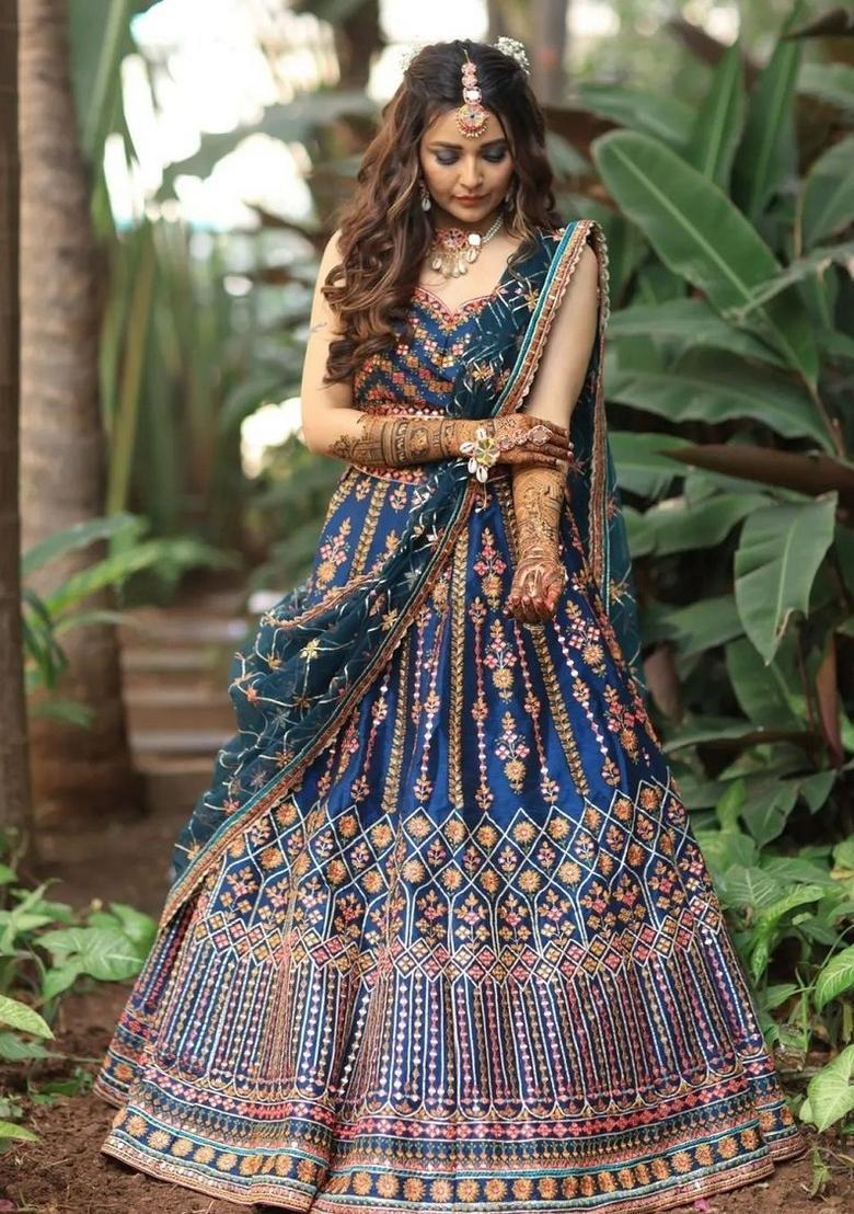 Blue Embroidery Chinon Lehenga Set - Indya