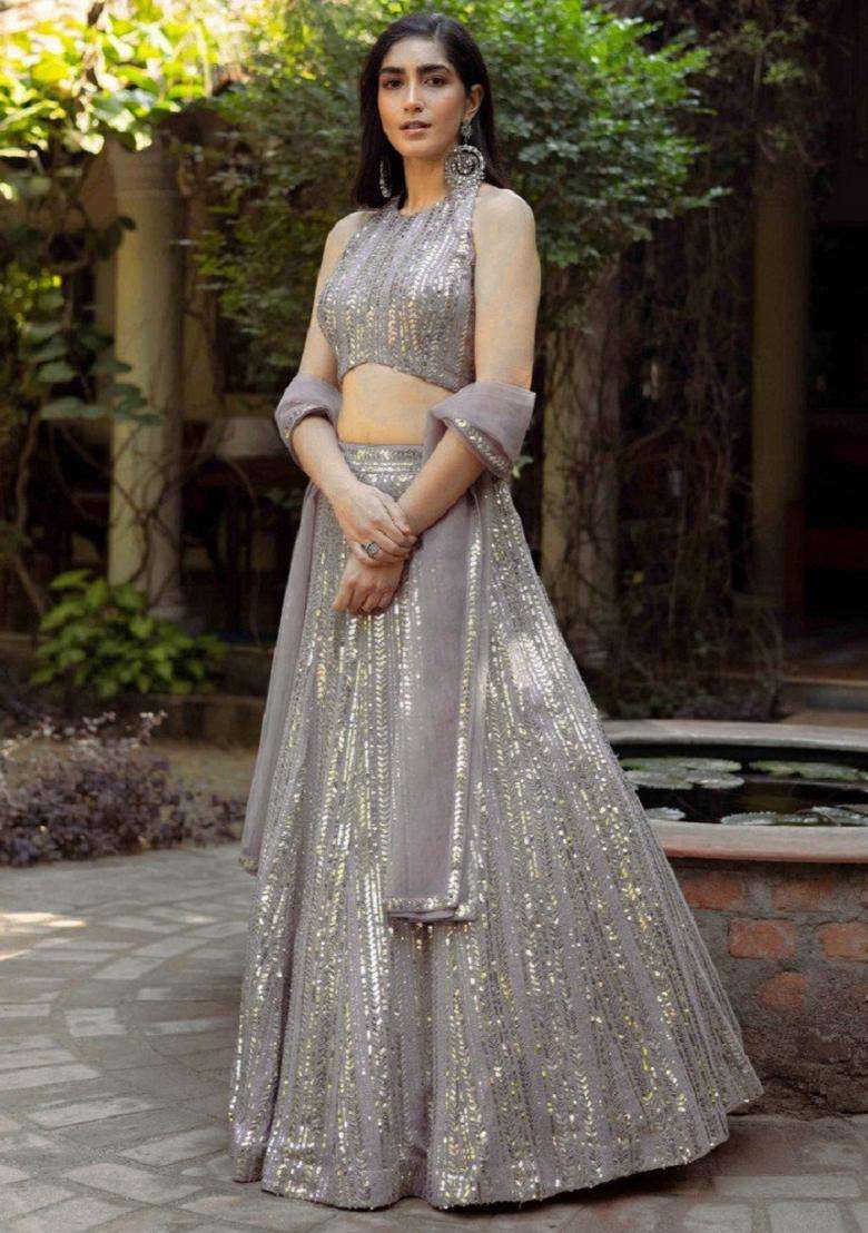 Grey Embroidery Georgette Lehenga Set for Diwali and Festive Wear - Indya