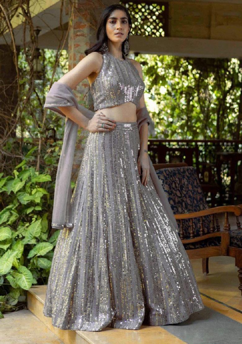 Grey Embroidery Georgette Lehenga Set - Indya