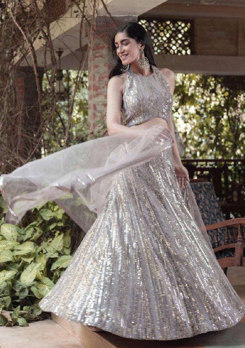 Grey Embroidery Georgette Lehenga Set for Diwali and Festive Wear - Indya