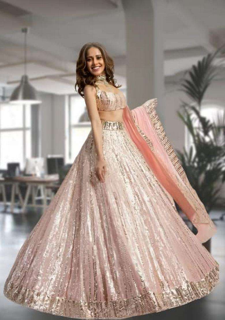 Pink Embroidery Georgette Lehenga Set for Diwali and Festive Wear - Indya