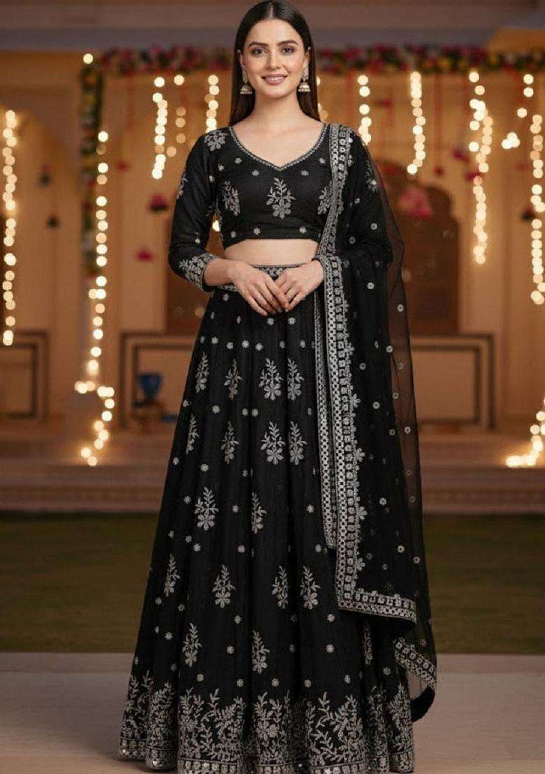 Black Embroidery Silk Blend Lehenga Set for Diwali and Festive Wear - Indya