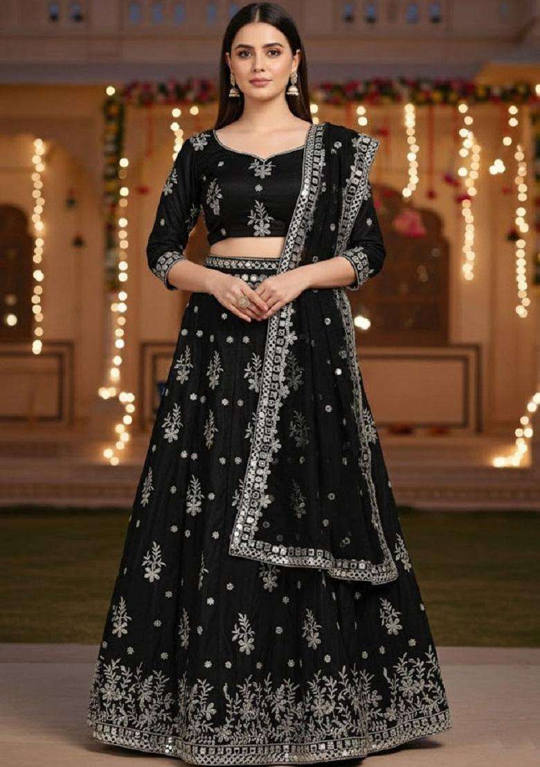 Black Embroidery Silk Blend Lehenga Set for Diwali and Festive Wear - Indya