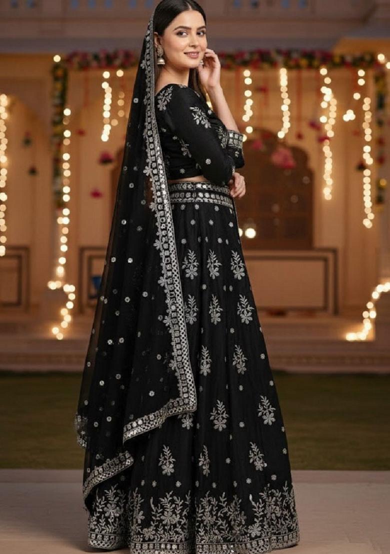 Black Embroidery Silk Lehenga Set - Indya