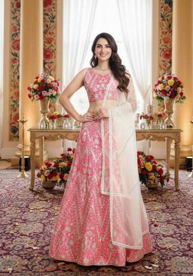 Gajari Pink Embroidery Silk Lehenga Set