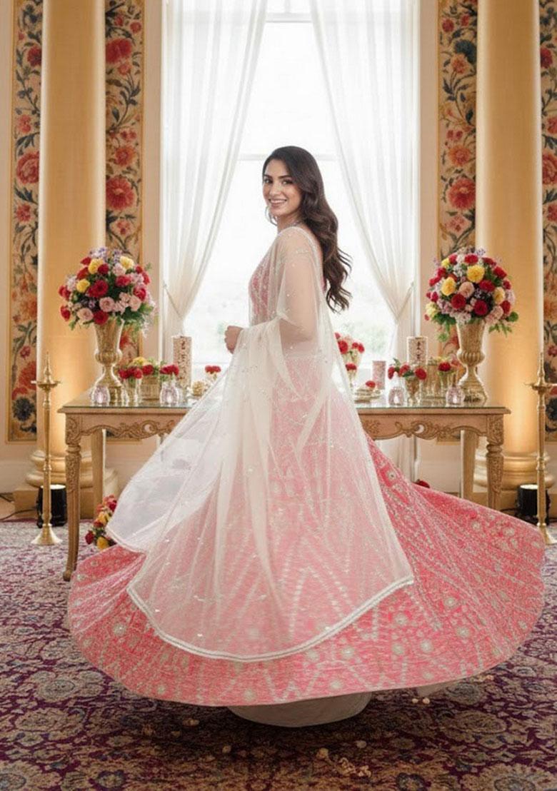 Gajari Pink Embroidery Silk Lehenga Set - Indya