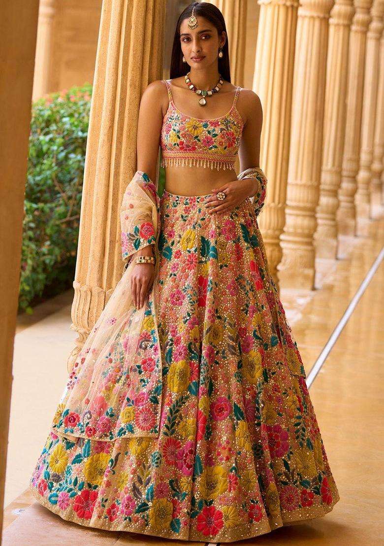 Chiku Georgette Lehenga Set with Embroidery for Diwali | Wedding & Festive Wear - Indya