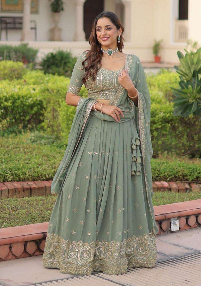 Misty Sea Green Georgette Lehenga Set with Embroidery for Diwali | Wedding & Festive Wear - Indya