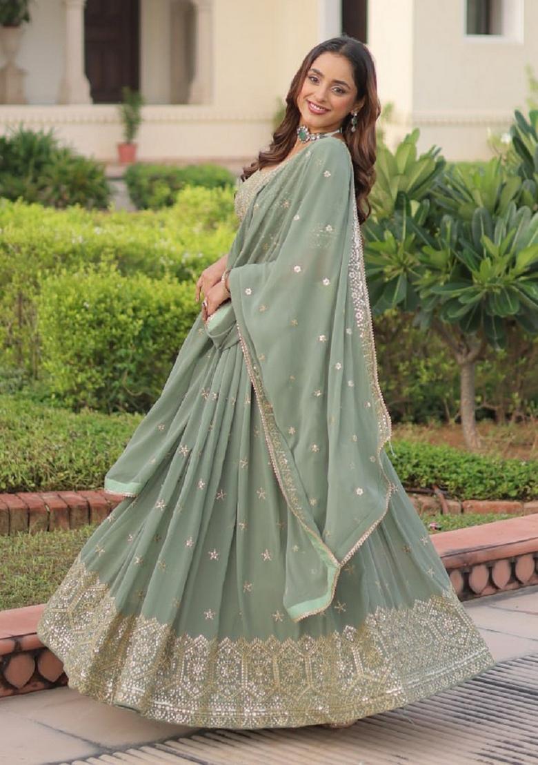 Misty Sea Green Embroidery Georgette Lehenga Set - Indya