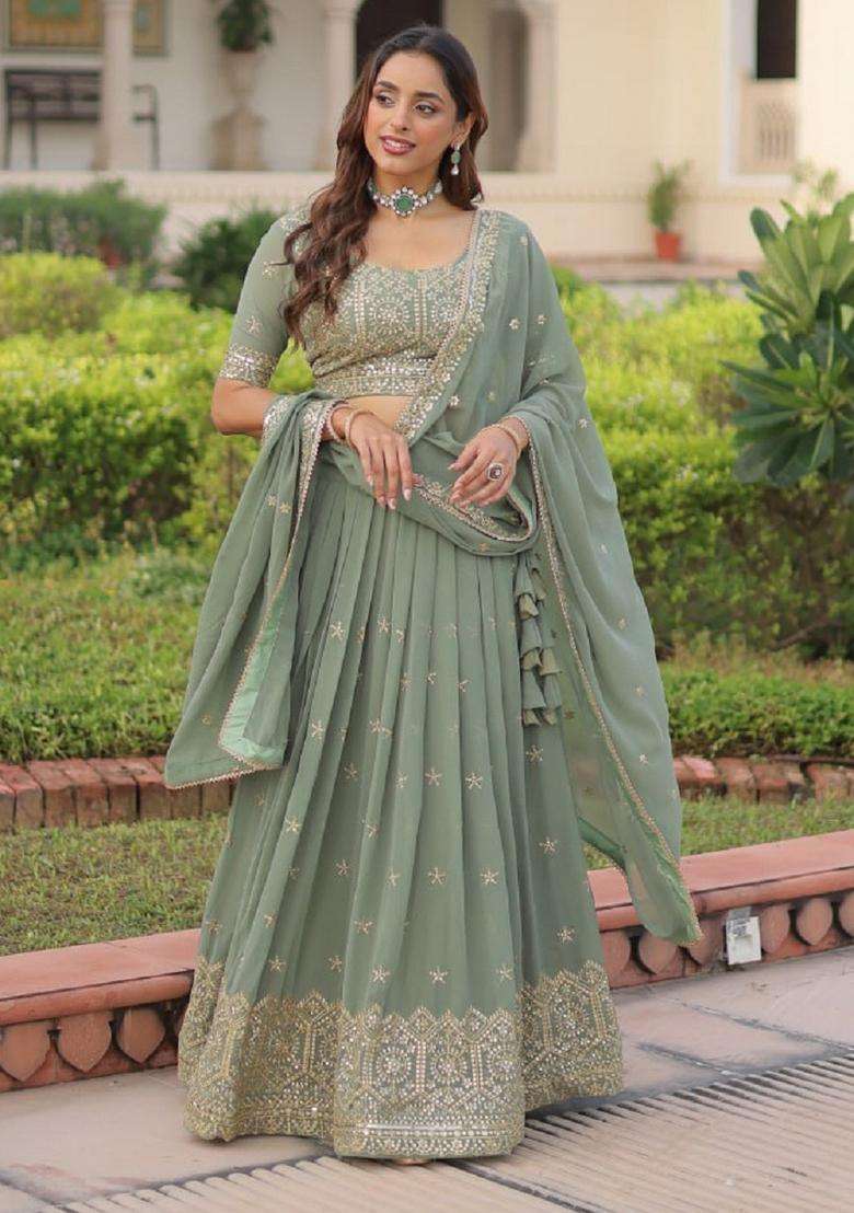 Misty Sea Green Georgette Lehenga Set with Embroidery for Diwali | Wedding & Festive Wear - Indya